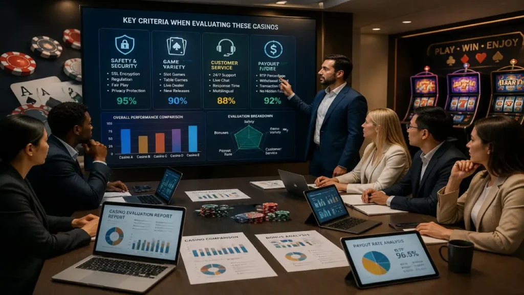 Business team analyzing online casino performance metrics during a strategy meeting, reviewing security, game variety, customer support, and payout rates on a large presentation screen.