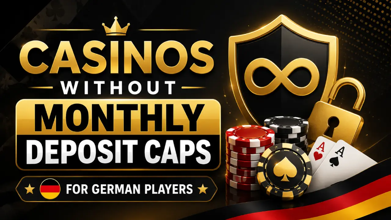 Banner logo for casinos without monthly deposit limits in Germany, featuring casino chips, playing cards, security shield, and German flag accents.