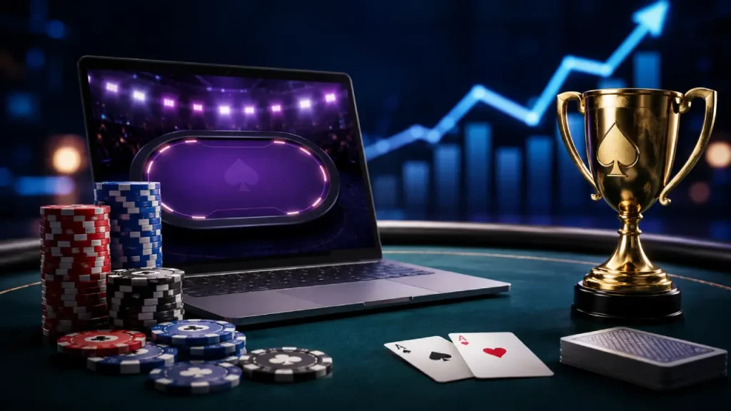 Online poker tournament scene with poker chips, cards, a championship trophy, and an upward growth chart representing rising prize pools.