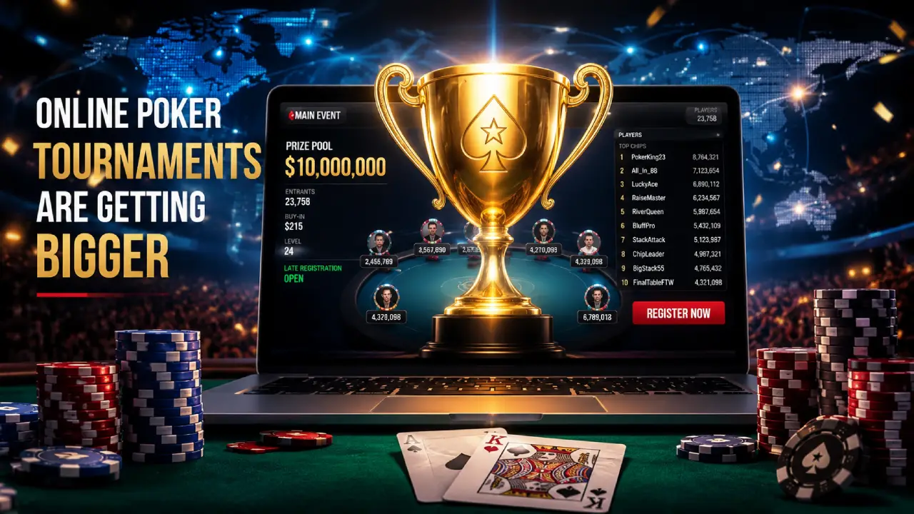 Modern online poker tournament with a large prize pool, poker chips, cards, leaderboard, and championship trophy.